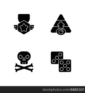 Videogame menu black glyph icons set on white space. Board games, level selection, achievement and game over silhouette symbols. Different player interface elements. Vector isolated illustrations. Videogame menu black glyph icons set on white space