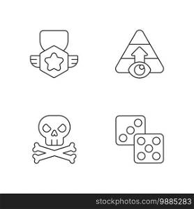 Videogame menu linear icons set. Board games, level selection, achievement and game over customizable thin line contour symbols. Isolated vector outline illustrations. Editable stroke. Videogame menu linear icons set