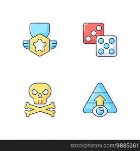 Videogame menu RGB color icons set. Board games, level selection, achievement and game over. Different player interface elements. Isolated vector illustrations. Videogame menu RGB color icons set