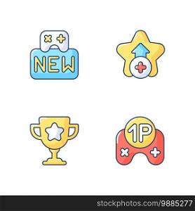 Videogame RGB color icons set. New game, single player mode, bonus and achievement. Different signs for gaming application. Isolated vector illustrations. Videogame RGB color icons set