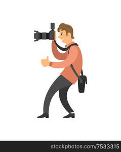 Videographer recording video or taking photo with modern digital camera. Man making picture, showing approval sign with thumb finger up vector isolated. Videographer Recording Video, Taking Photo Camera