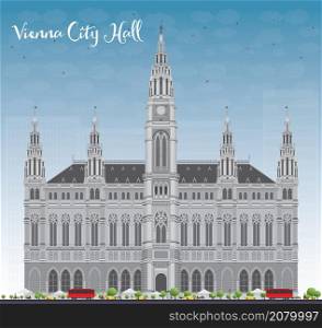 Vienna City Hall in gray color with blue sky. Vector illustration. Business travel and tourism concept with historic buildings. Image for presentation, banner, placard and web site.