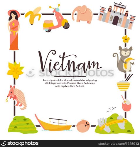 Vietnam cartoon vector banner. Travel illustration with landmarks, animals and nature places. Image with tourist attractions.. Vietnam cartoon vector banner. Travel illustration