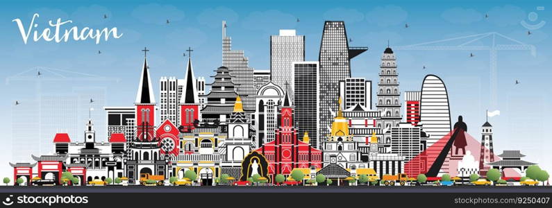 Vietnam City Skyline with Gray Buildings and Blue Sky. Vector Illustration. Tourism Concept with Historic Architecture. Vietnam Cityscape with Landmarks. Hanoi. Ho Chi Minh. Haiphong. Da Nang.