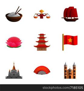 Vietnam country icon set. Cartoon set of 9 vietnam country vector icons for web design isolated on white background. Vietnam country icon set, cartoon style