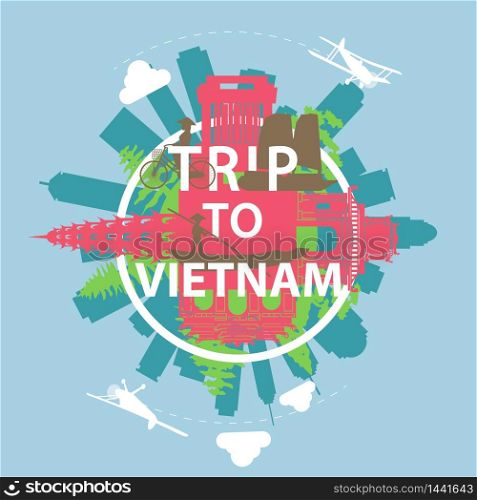 Vietnam famous landmark silhouette overlay style around text,vintage design,vector illustration