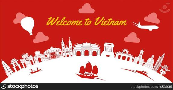 Vietnam famous landmarks silhouette style on white curve like globe,vector illustration