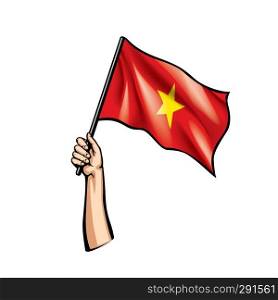 Vietnam flag and hand on white background. Vector illustration.. Vietnam flag and hand on white background. Vector illustration