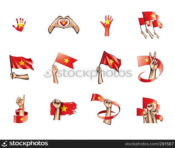 Vietnam flag and hand on white background. Vector illustration.. Vietnam flag and hand on white background. Vector illustration