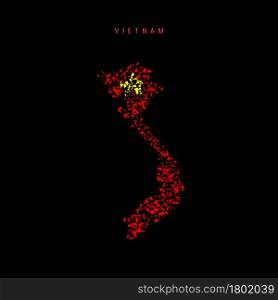 Vietnam flag map, chaotic particles pattern in the colors of the Vietnamese flag. Vector illustration isolated on black background.. Vietnam flag map, chaotic particles pattern in the Vietnamese flag colors. Vector illustration