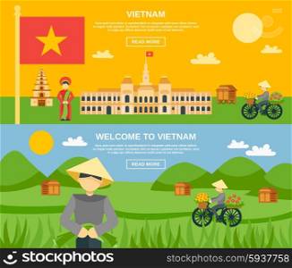 Vietnam horizontal banner set with flat tourist attractions elements isolated vector illustration. Vietnam Banner Set