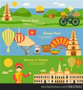 Vietnam horizontal banner set with flat travel elements isolated vector illustration. Vietnam Banner Set