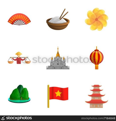 Vietnam icon set. Cartoon set of 9 vietnam vector icons for web design isolated on white background. Vietnam icon set, cartoon style