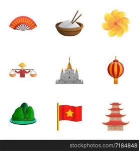 Vietnam icon set. Cartoon set of 9 vietnam vector icons for web design isolated on white background. Vietnam icon set, cartoon style