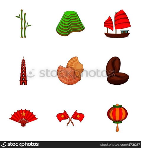 Vietnam icons set. Cartoon set of 9 Vietnam vector icons for web isolated on white background. Vietnam icons set, cartoon style