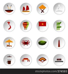 Vietnam icons set. Flat illustration of 16 Vietnam vector icons for web. Vietnam icons set, flat style