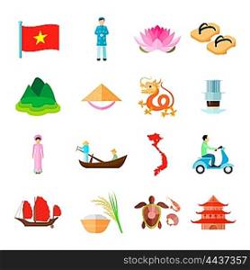 Vietnam Icons Set. Vietnam Icons Set. Vietnam Travel Vector Illustration. Vietnam Tourism Flat Symbols. Vietnamese Design Set. Vietnam Isolated Set.