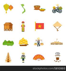 Vietnam Icons Set. Vietnam travel icons set with palace food and map flat isolated vector illustration