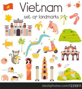 Vietnam Landmarks Architecture Building Object Set, Famous Place, Travel and Tourist Attraction. Vietnam Landmarks set Architecture Famous Place