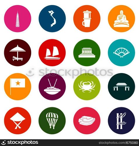 Vietnam travel icons many colors set isolated on white for digital marketing. Vietnam travel icons many colors set