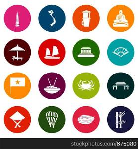 Vietnam travel icons many colors set isolated on white for digital marketing. Vietnam travel icons many colors set