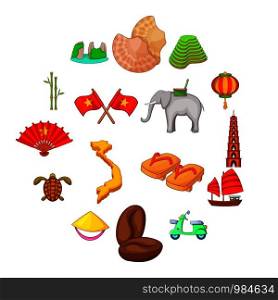 Vietnam travel icons set. Cartoon illustration of 16 Vietnam travel vector icons for web. Vietnam travel icons set, cartoon style
