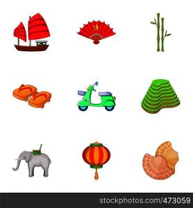 Vietnam travel icons set. Cartoon set of 9 Vietnam travel vector icons for web isolated on white background. Vietnam travel icons set, cartoon style