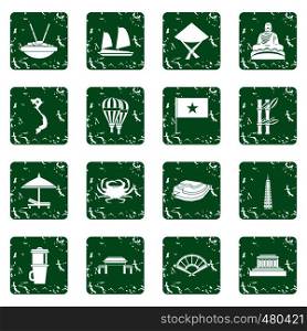 Vietnam travel icons set in grunge style green isolated vector illustration. Vietnam travel icons set grunge