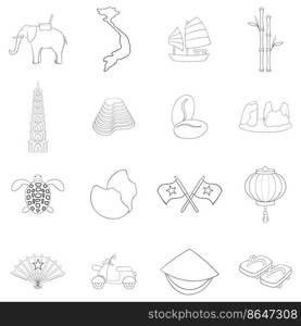 Vietnam travel set icons in outline style isolated on white background. Vietnam travel icon set outline