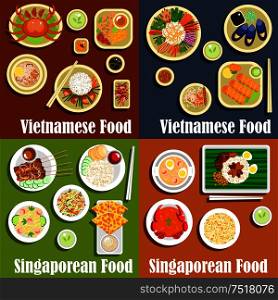 Vietnamese and singaporean national cuisine. Salad and grilled meat, healthy rice and tasty noodle meals with sauce and spicy ingredients. Asian chicken and roti prata, sesame seeds and chilli crab. Vietnamese and singaporean cuisine dishes