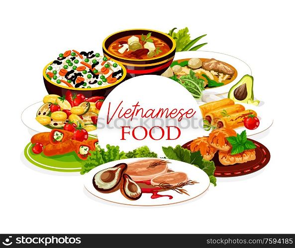 Vietnamese asian cuisine rice, fish and meat food dishes with vegetables. Vector beef pho bo, sweet sour and noodle soups, baked pepper with cheese, pork cutlet and mackerel, sweet pancake rolls. Vietnamese asian cuisine rice, meat, fish dishes