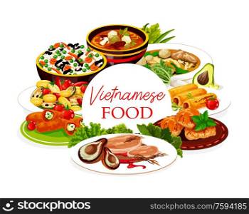 Vietnamese asian cuisine rice, fish and meat food dishes with vegetables. Vector beef pho bo, sweet sour and noodle soups, baked pepper with cheese, pork cutlet and mackerel, sweet pancake rolls. Vietnamese asian cuisine rice, meat, fish dishes