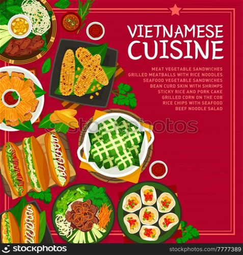 Vietnamese cuisine food menu cover page. Grilled meatballs, meat and vegetable sandwiches, sticky rice pork cake, bean curd skin with shrimps and grilled corn, chips with seafood, beef noodle salad. Vietnamese cuisine food menu cover page design