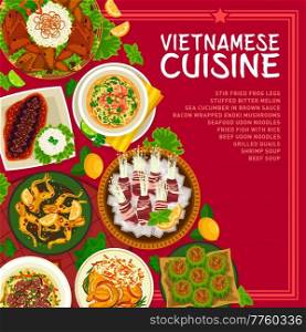 Vietnamese cuisine menu cover template. Stir fried frog legs, fried fish with rice and stuffed bitter melon, shrimp soup, grilled quails and bacon wrapped mushrooms, beef soup, sea cucumber in sauce. Vietnamese cuisine menu cover vector template