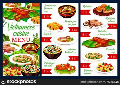 Vietnamese cuisine restaurant menu with meat and fish dishes. Vector vegetable rice, beef pho bo, noodle and sweet sour soups, grilled cutlets, baked pork, stuffed pepper with cheese, pancakes. Vietnamese meat and fish dishes menu