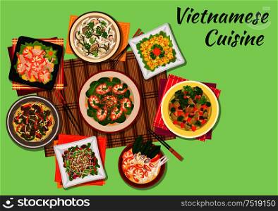 Vietnamese cuisine seafood salad and soup icon served with crispy lamb, chicken soup with shiitake mushrooms, beef noodles, mango salad, spinach salad with shrimps, eggplant stew. Vietnamese cuisine oriental dishes icon