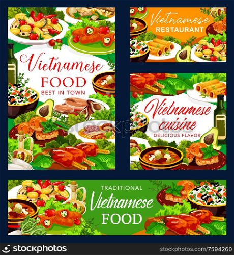 Vietnamese cuisine vector dishes with baked fish, vegetable rice and beef pho bo, noodle mushroom soup, grilled cutlet and pork, peppers stuffed with cheese and pancake rolls. Asian restaurant banners. Vietnamese soups and rice with fish, meat, veggies