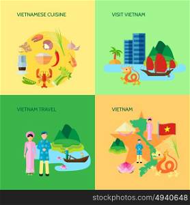 Vietnamese Culture 4 Flat Icons Square . Vietnamese national cuisine culture and sightseeing for travelers 4 flat icons square poster abstract isolated vector illustration