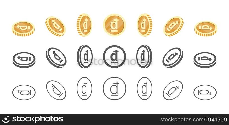 Vietnamese dong coins. Rotation of icons at different angles for animation. Coins in isometric. Vector illustration