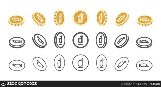 Vietnamese dong coins. Rotation of icons at different angles for animation. Coins in isometric. Vector illustration