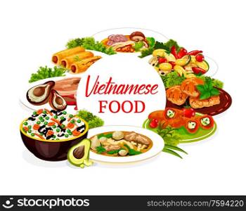 Vietnamese food dishes vector icon. Asian vegetable rice, mushroom noodle soup and bee pho bo, baked fish and pork with pear, stuffed peppers with cheese and herbs, sweet pancake rolls. Vietnamese dishes icon with fish, meat and dessert