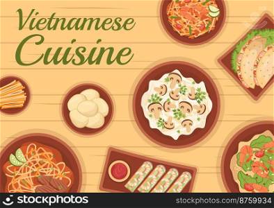Vietnamese Food Restaurant Menu with Collection of Various Delicious Cuisine Dishes in Flat Style Cartoon Hand Drawn Templates Illustration
