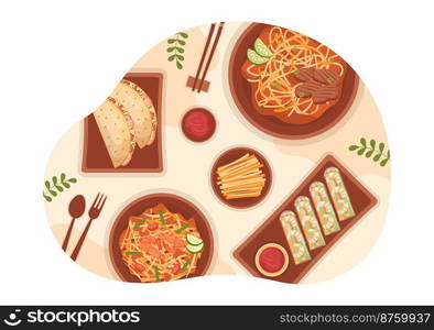 Vietnamese Food Restaurant Menu with Collection of Various Delicious Cuisine Dishes in Flat Style Cartoon Hand Drawn Templates Illustration