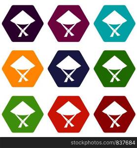 Vietnamese hat icon set many color hexahedron isolated on white vector illustration. Vietnamese hat icon set color hexahedron