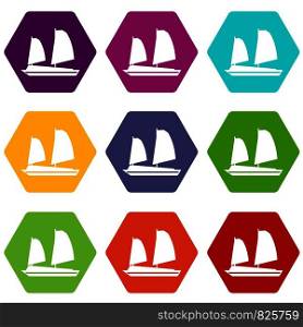 Vietnamese junk boat icon set many color hexahedron isolated on white vector illustration. Vietnamese junk boat icon set color hexahedron