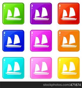 Vietnamese junk boat icons of 9 color set isolated vector illustration. Vietnamese junk boat icons 9 set