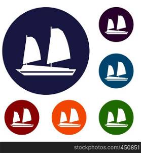 Vietnamese junk boat icons set in flat circle reb, blue and green color for web. Vietnamese junk boat icons set