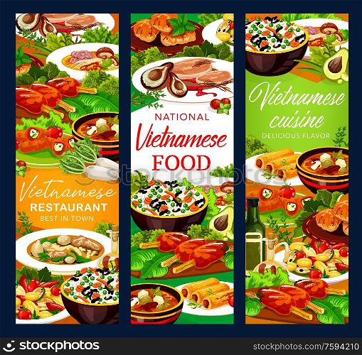 Vietnamese meat and fish dishes with Asian rice and vegetables vector banners. Grilled pork cutlet, baked mackerel and peppers stuffed with cheese, beef pho bo and mushroom noodle soups, pancake rolls. Vietnamese restaurant asian dishes with desserts