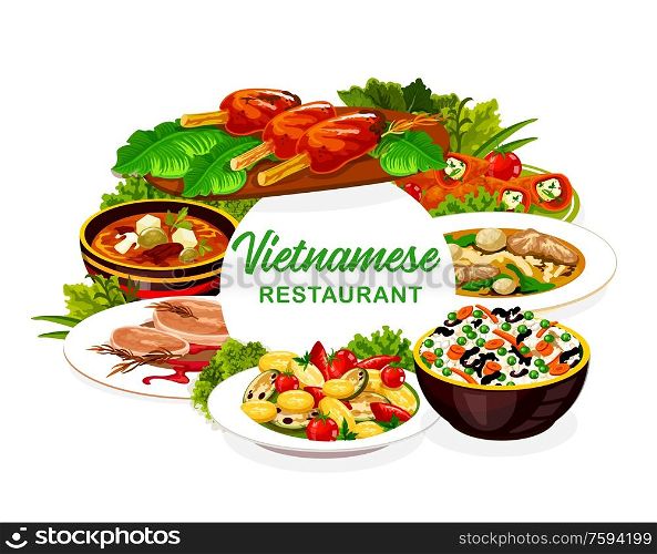 Vietnamese restaurant icon of beef pho bo and mushroom noodle soups with Asian rice and vegetables. Vector peppers stuffed with cheese, grilled cutlets on lemongrass stems and baked pork with pear. Vietnamese vegetable rice, meat, fish dishes icon