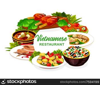 Vietnamese restaurant icon of beef pho bo and mushroom noodle soups with Asian rice and vegetables. Vector peppers stuffed with cheese, grilled cutlets on lemongrass stems and baked pork with pear. Vietnamese vegetable rice, meat, fish dishes icon